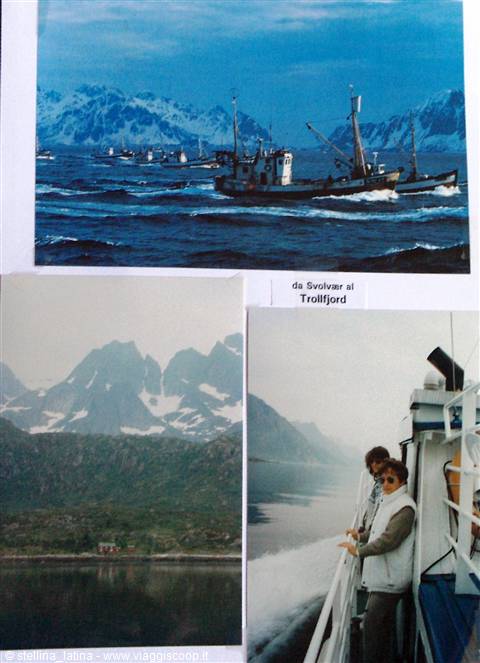 Ferry from Svolvær to Trollfjord, fishing boats and snowy Lofoten peaks