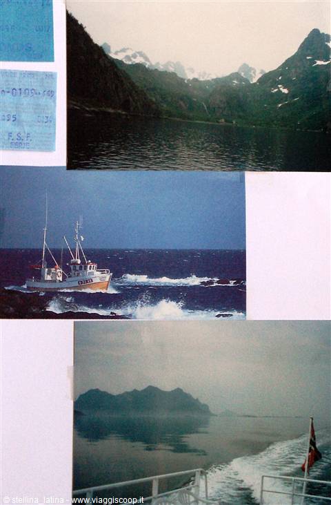 Fishing boat in rough sea, snowy fjord mountains, ferry bow with Norwegian flag