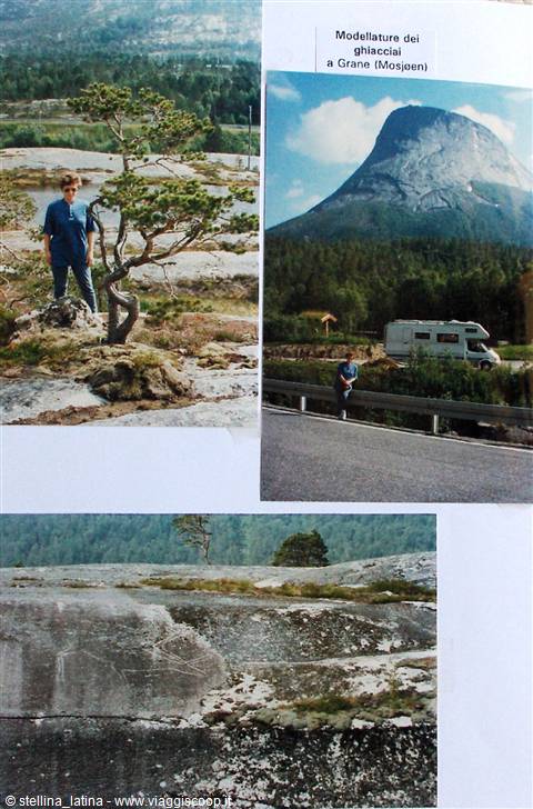 Pasted photos: man by a pine on smooth rock and camper below the mountain in Grane