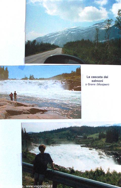 Salmon waterfall at Grane (Mosjøen), tourists on rocks, road through snowy mountains