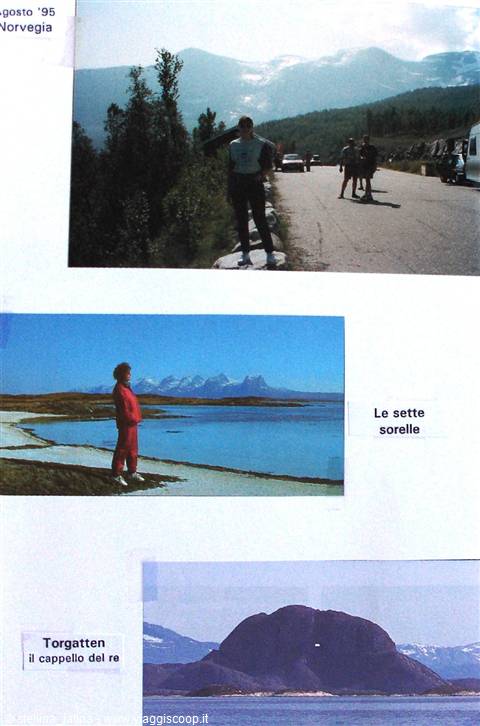 Collage of three photos from Norway 1995: mountains, Seven Sisters, Torghatten