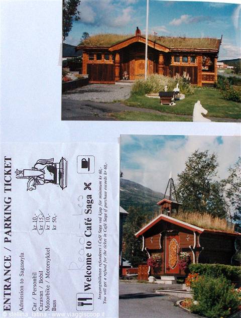 Wooden cabins with grass roofs, parking ticket from Café Saga
