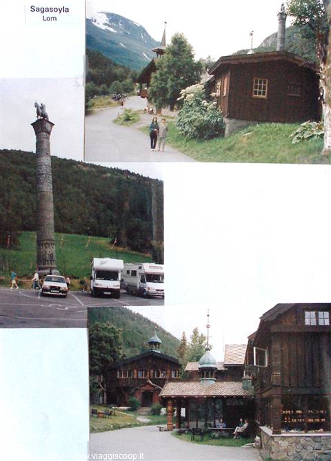 Collage of Lom: Sagasøyla stone column, wooden buildings and campervans