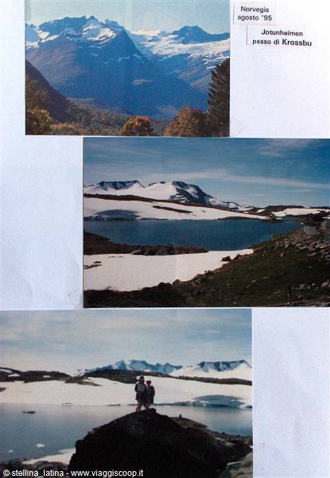 Jotunheimen, Krossbu pass: two people on a rock in front of the snowy lake