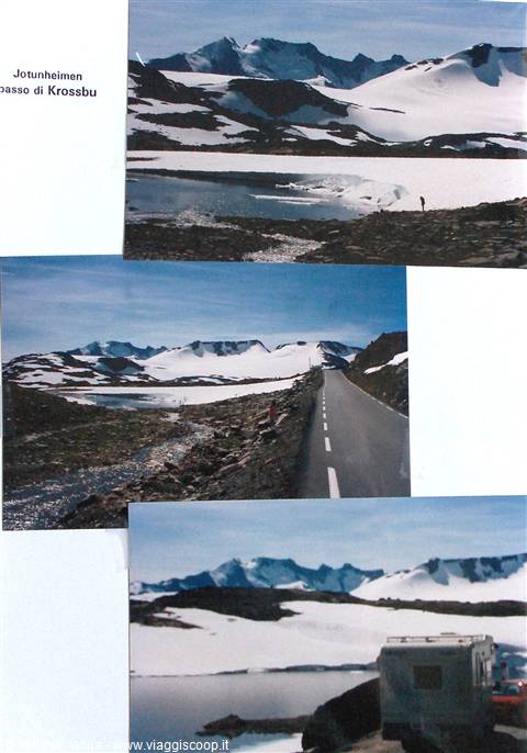 Krossbu pass, Jotunheimen: asphalt road among snowfields, frozen lake and camper