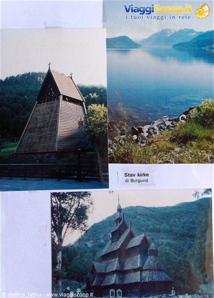 Wooden Borgund stave church and fjord surrounded by mountains