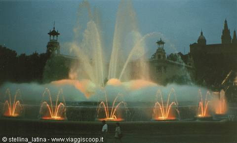 Magic Fountain of Montjuïc with illuminated jets at night in Barcelona