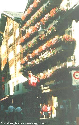 Zermatt, houses in the center with flowered balconies