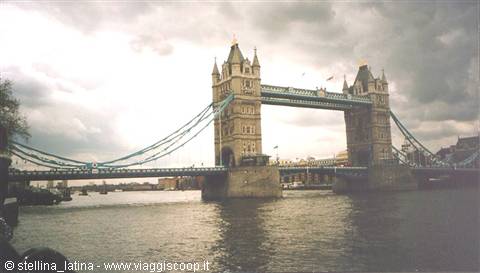 London's Tower Bridge in stone over the Thames under cloudy sky