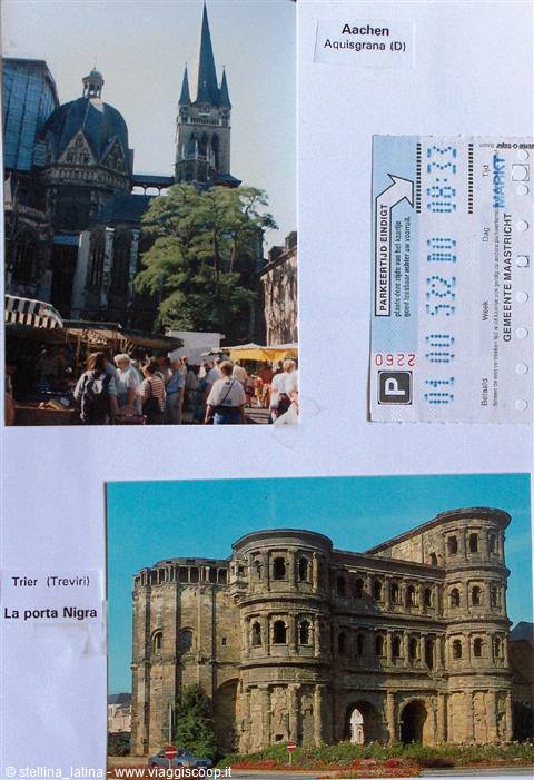 Aachen Cathedral with market and Trier's Porta Nigra, parking ticket