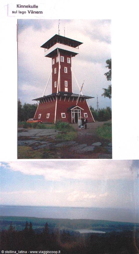 Tourist in front of the red Kinnekulle tower by Lake Vänern
