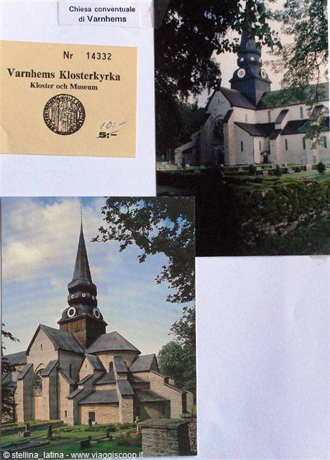 Varnhems Klosterkyrka: two postcards of the stone monastery church with tall spire