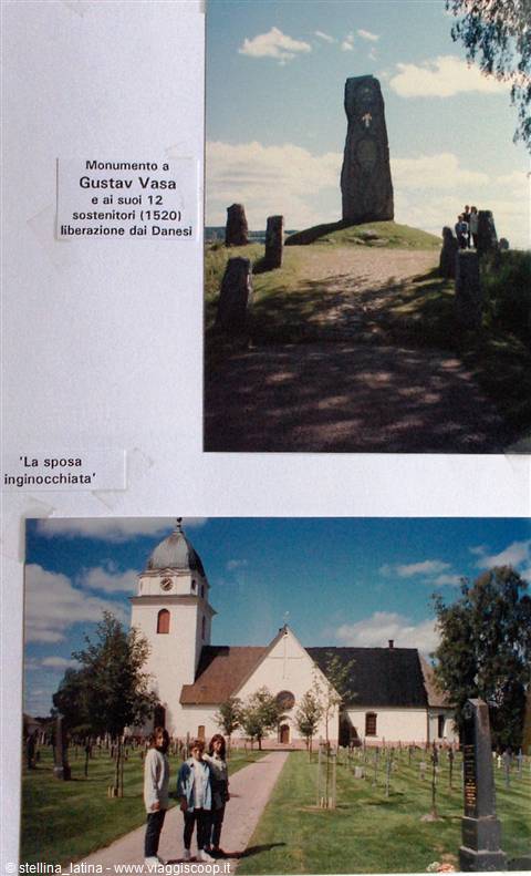 Stone monument to Gustav Vasa and white church with kids walking the path