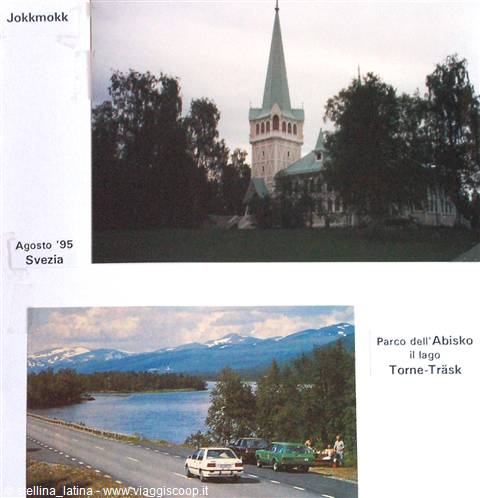 Jokkmokk church among trees and Lake Torne-Träsk in Abisko park