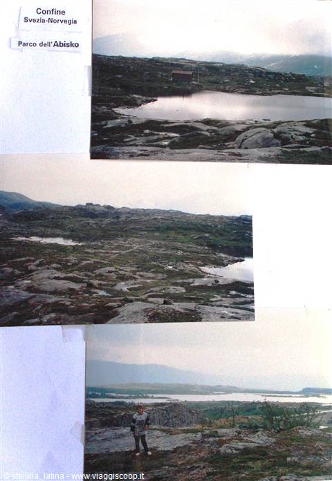 Abisko Park at the Sweden-Norway border: hiker on rocks and frozen lakes