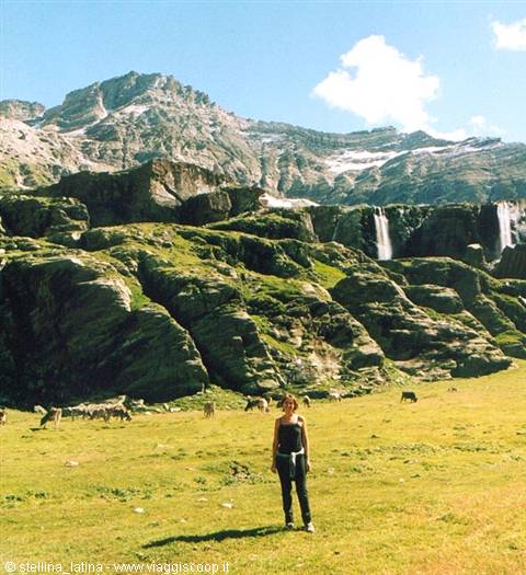 Woman standing on green meadow with grazing cows, waterfalls and rocky mountains