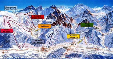 Ski map of the Dolomites with colored trails, labeled refuges and snowy peaks