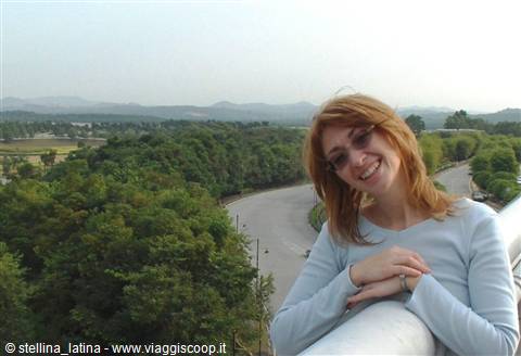 Smiling woman leaning on a white railing, road and trees below
