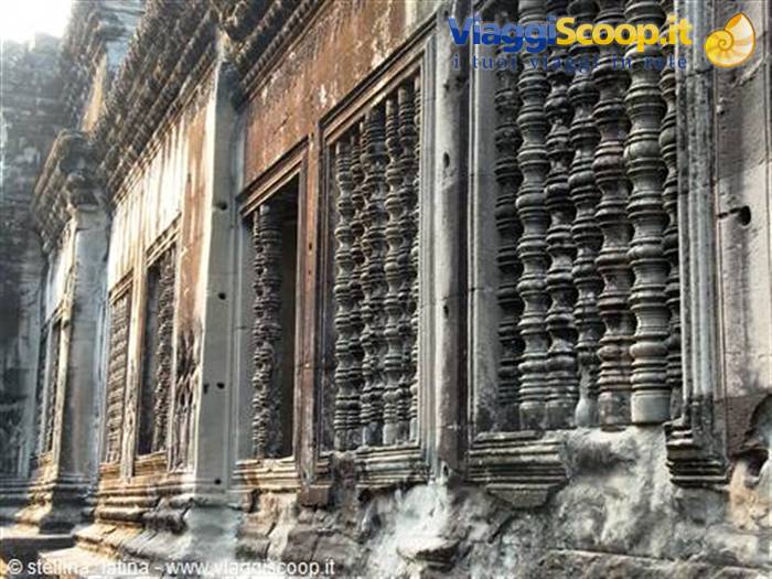 Carved stone windows with balusters at Angkor Wat temple