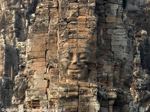 Carved stone faces on the Bayon temple at Angkor Thom