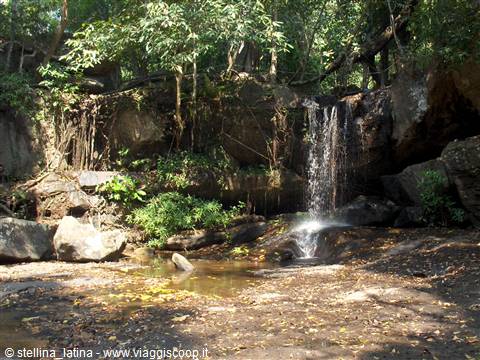 Small waterfall flows over dark rocks in the green forest