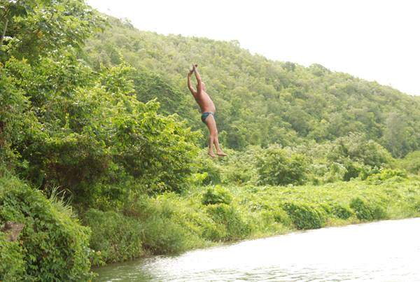 Man diving into the river near lush green bank
