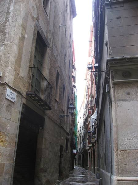 Narrow rain-wet alley between stone buildings, Carrer d'en Gruart street sign