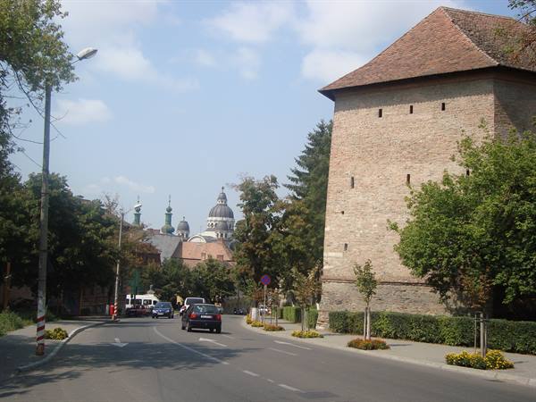 Brick tower with sloped roof beside the road, cars passing, church domes among trees