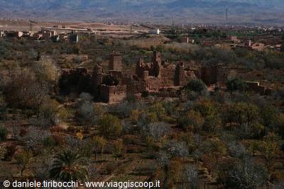 ruined earthen kasbah among valley trees, mountains in the background