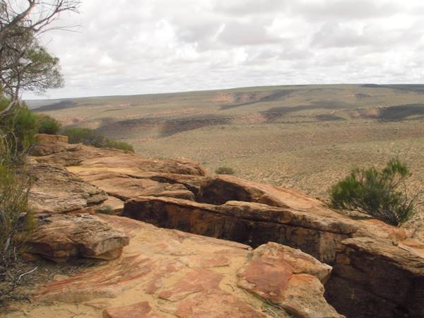 Red sandstone rocks and shrubs overlook a vast arid plain under cloudy sky