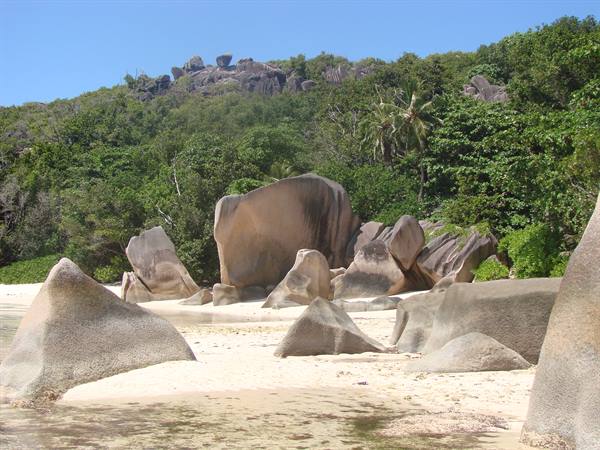 Huge granite boulders on white sand beach with palms and tropical forest