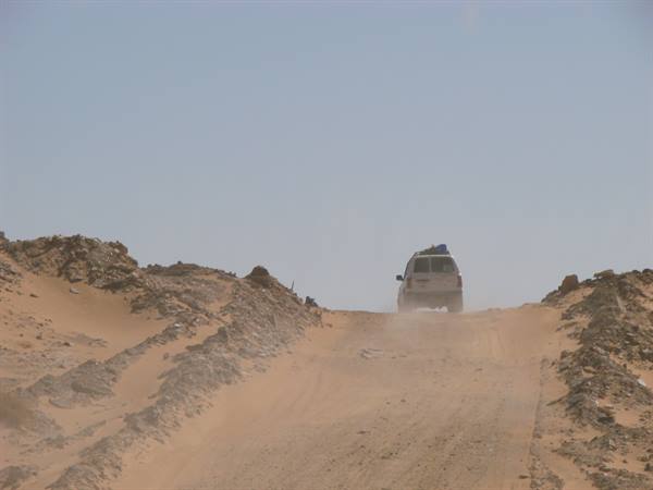 White 4x4 raising dust on sandy track between desert dunes