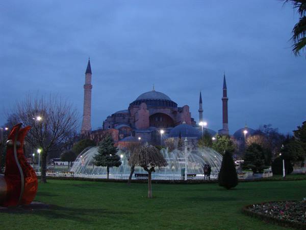 Hagia Sophia at dusk with lit fountain and minarets, Istanbul