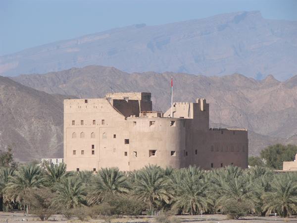 Mud-brick fort amid palm grove and arid mountains, flag flying