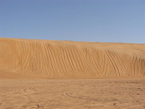 Orange sand dune with vehicle tracks, clear blue sky above