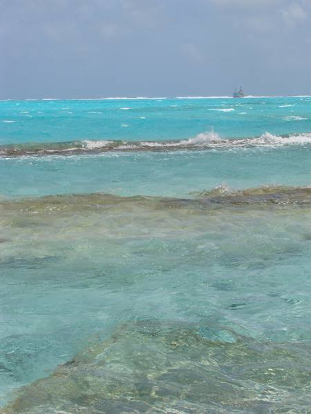 Turquoise waters with waves breaking over the reef, ship on the horizon