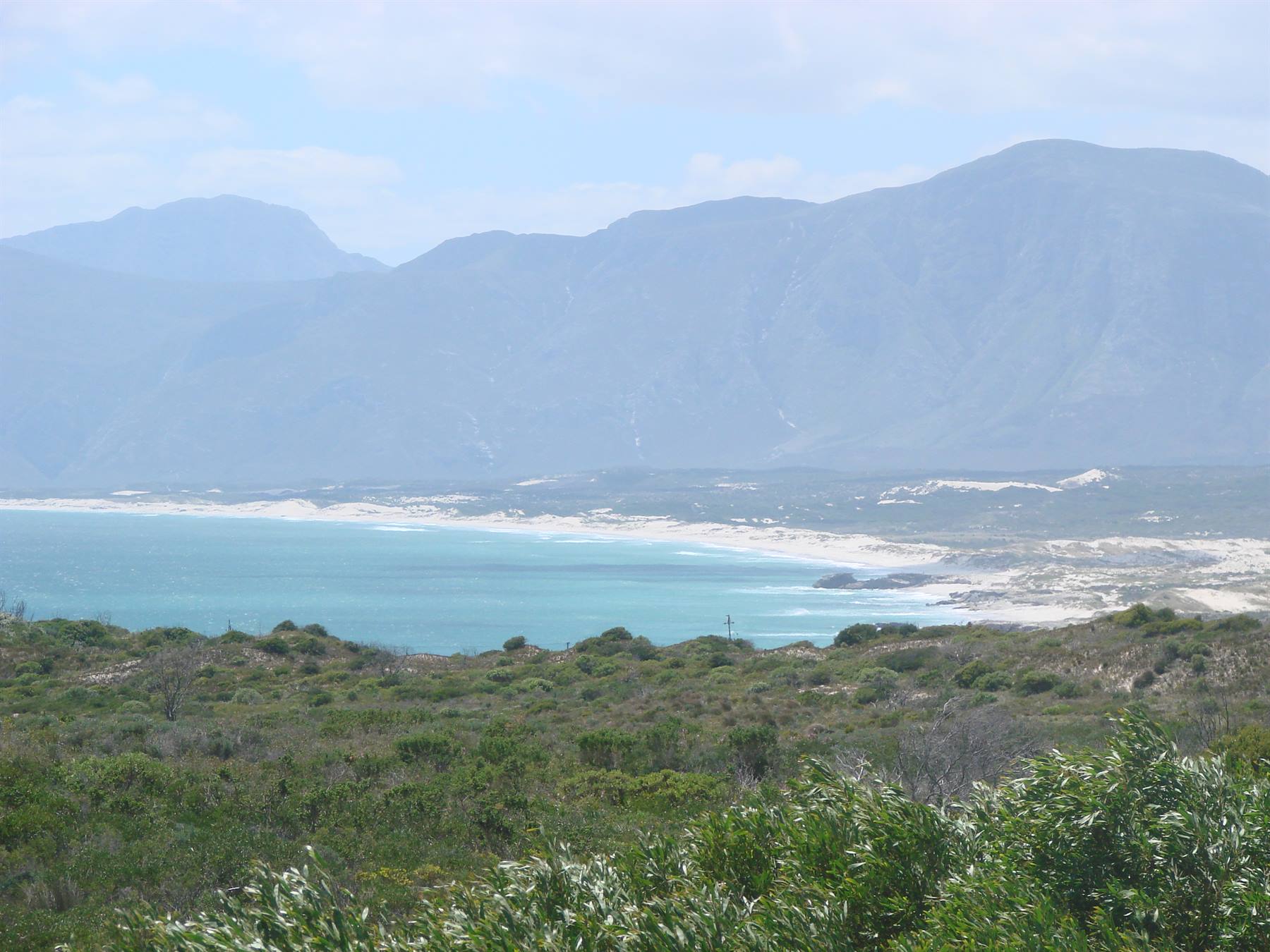 turquoise bay between sandy dunes and hazy mountains, green fynbos bushes