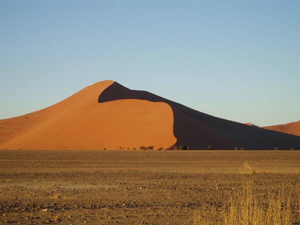 Red sand dune in morning light, stony plain with dry grasses, blue sky