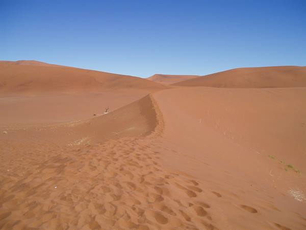 Red sand dunes with footprints, a hiker on the ridge under blue sky