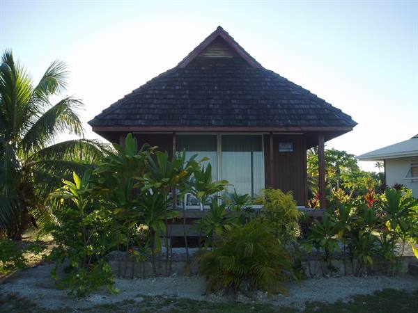 Wooden bungalow with thatched roof surrounded by palms and tropical plants
