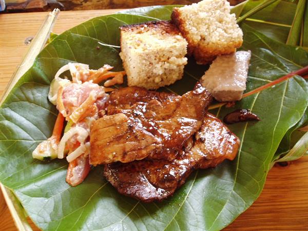 Grilled meat, salad and cake served on a large green leaf
