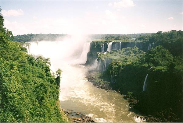 Iguazú Falls: white water plunges from green forest into the river