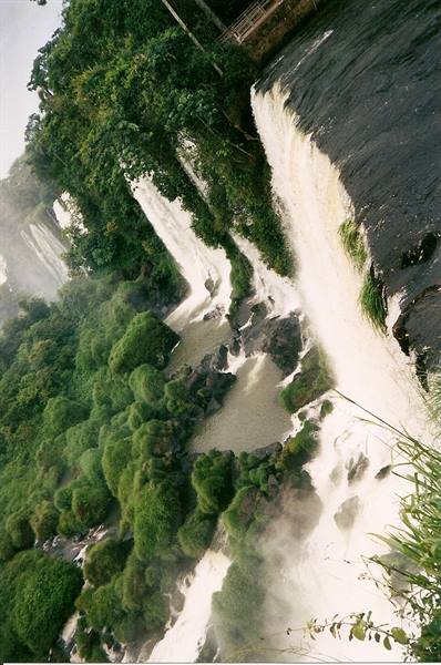 Iguazú Falls, white water rushing over moss-covered rocks