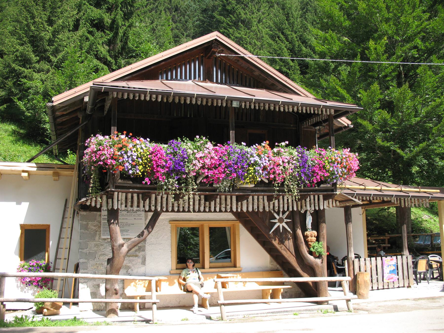 Person sitting outside wooden alpine hut with flower-filled balcony, green forest behind