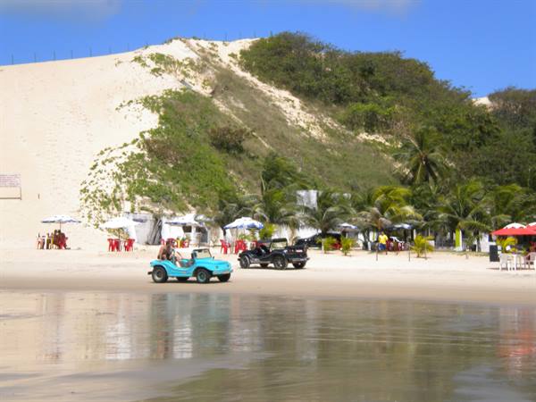 Sand dunes and palms at Genipabu, blue and black buggies on the wet beach