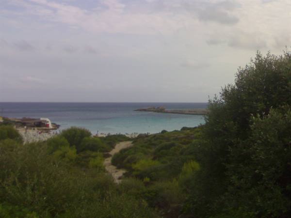 Sandy path through Mediterranean shrubs toward a turquoise sea beach