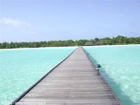 Wooden jetty over turquoise lagoon toward palm beach and bungalows