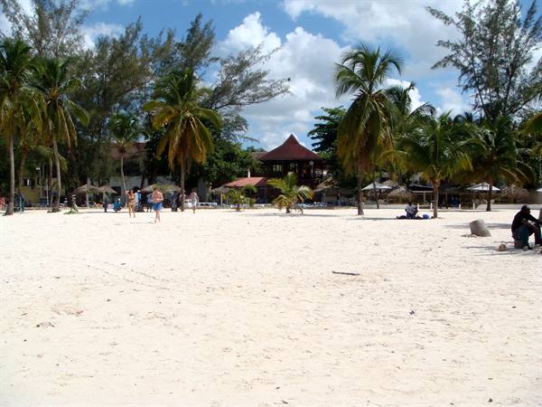 Tourists walk on white sand among palm trees and umbrella stalls