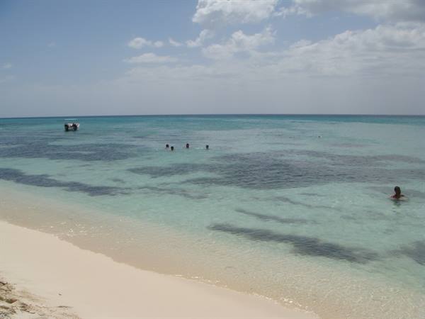 Swimmers in clear turquoise water over dark seagrass, white sand beach and boat