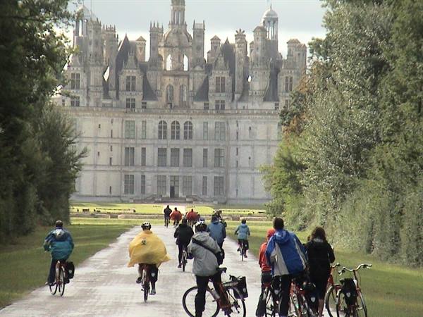 Cyclists on tree-lined path toward the stone château of Chambord